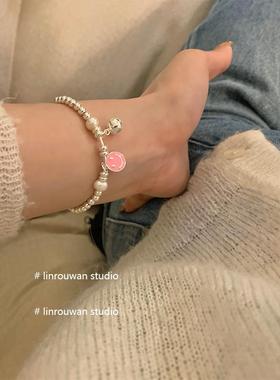 高档林肉完 通体银滴油笑脸弹手链银珠力绳手串2纯024新款春夏女