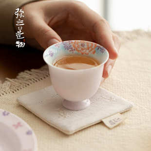 弥言高颜值茶杯手工陶瓷主人杯复古高足品茗杯纯手绘繁花功夫茶具