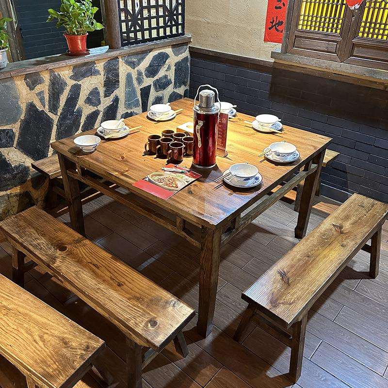 市井风实木八仙桌凳火锅店复古长方形面馆餐馆饭店农庄餐桌椅组合