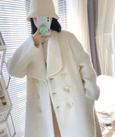 高端奢华1 1定制重工 柔软舒适白色羊毛大衣加厚韩版长毛呢子外套