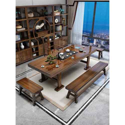 实木原木大板茶桌椅组合一桌五椅中式办公室家用茶几泡茶一体茶台