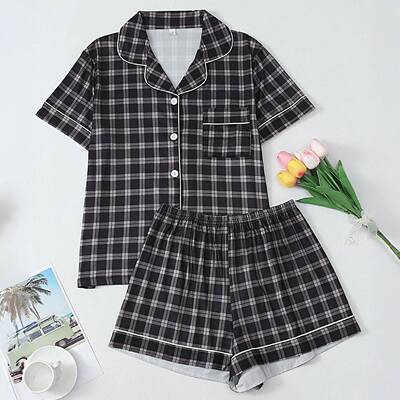 Women Pajama Set Sleeve Button Front Shirt Elastic Pants