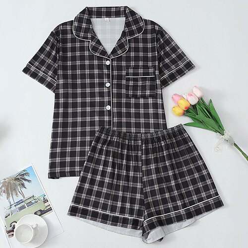 Women Casual Sleepwear Set Pajama Whale Pattern Lapel Front