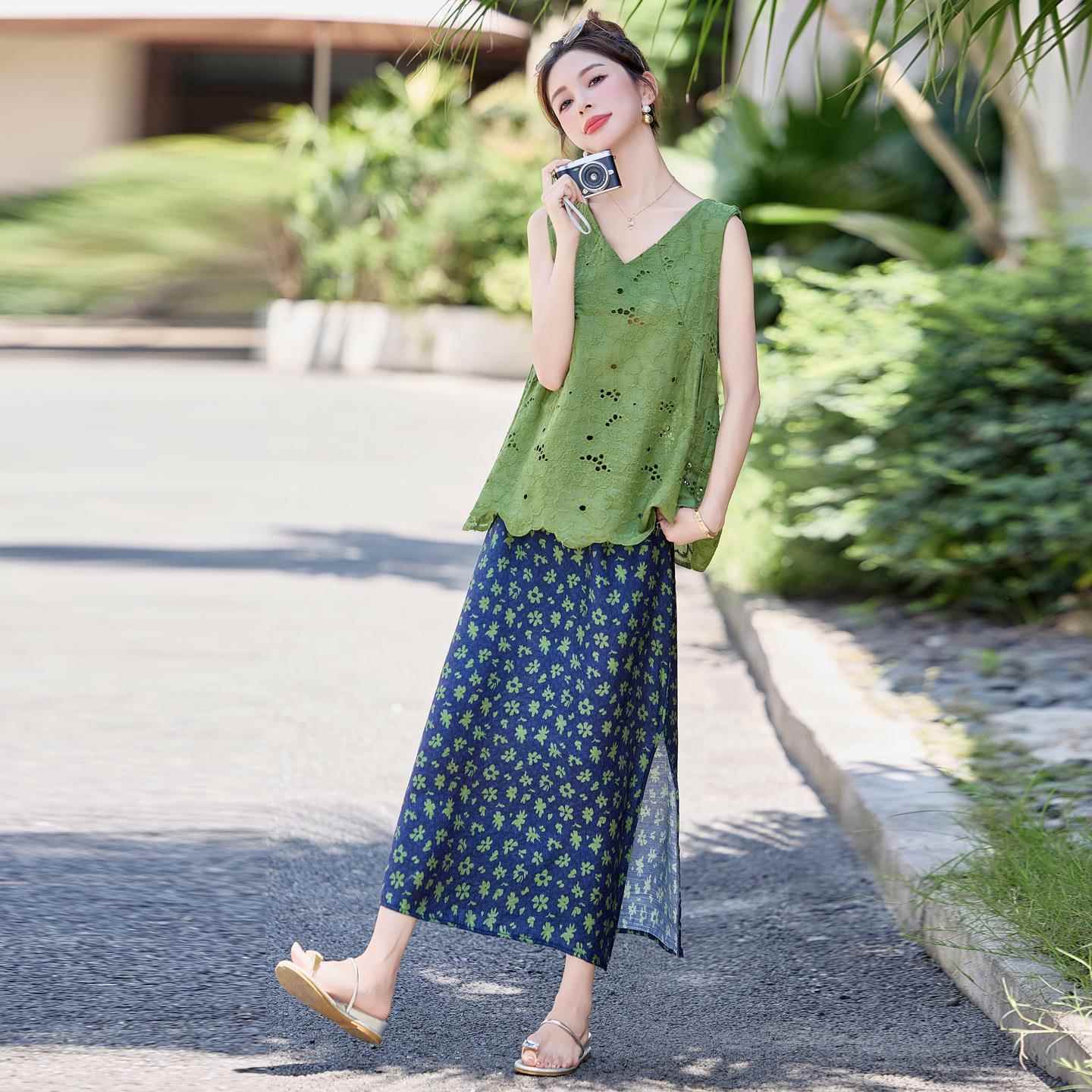 夏日绝穿搭半套装女夏新款法式复ZMAN8251背古领镂空心身裙美两件