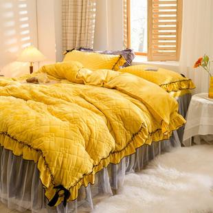 高档冬季 白色瑚绒床套裙四件套公主风被珊加绒晶双面水绒冬天床上