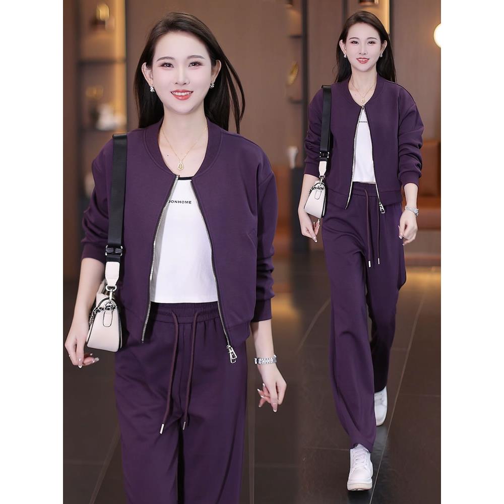 香港代购时尚休闲套装女秋季新款洋气夹克短外套阔腿裤运动两件套