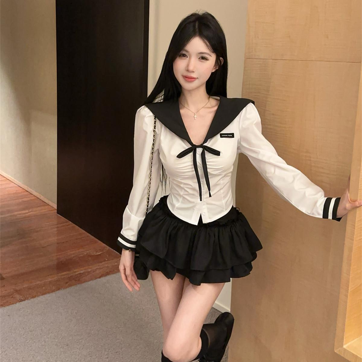 秋季学院风套装辣妹长袖领结衬衣蓬蓬蛋糕裤裙子制服两件套装