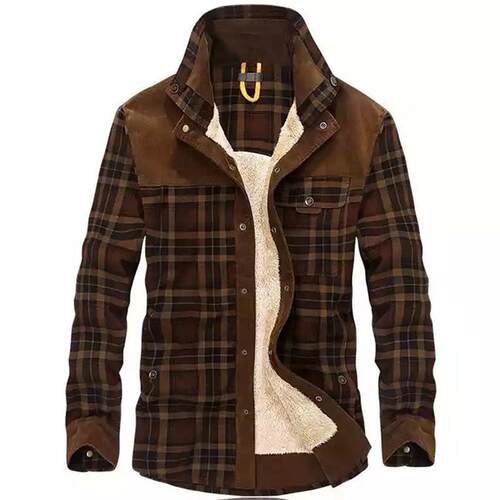 Men's Vintage Plaid Shearling Lined Fleece Shirt Jacket
