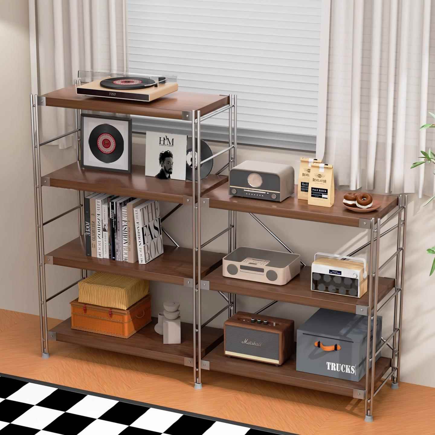 日式钢木置物架落地客厅阳台中古储物架书架家用厨房微波炉收纳架