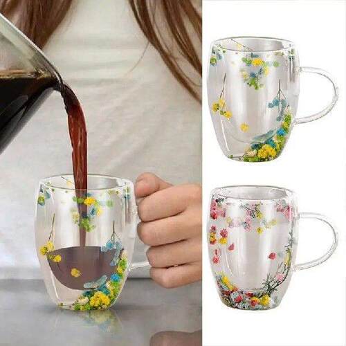 Double Wall Glass Coffee Mugs Tea Cups Flower Glass Tea