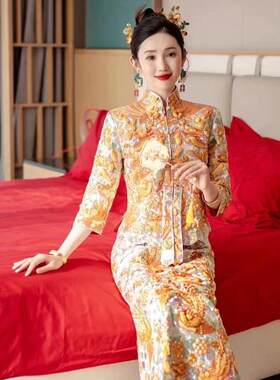 龙凤挂秀禾服新娘2025新款中式金色褂皇高端重工小个子出阁服显瘦