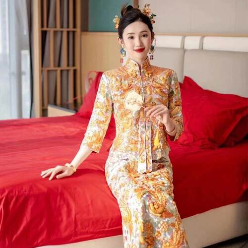 龙凤挂秀禾服新娘2025新款中式金色褂皇高端重工小个子出阁服显瘦