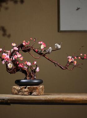 彷真禅意腊梅花盆景中式客厅家居饰品酒店茶桌博古架喜上眉梢摆件