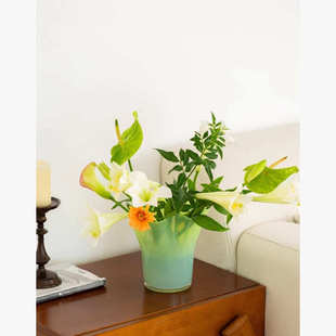 奶油绿蓝色白菜花瓣聚百财敞口褶皱感渐变花瓶波点大口径琉璃花器