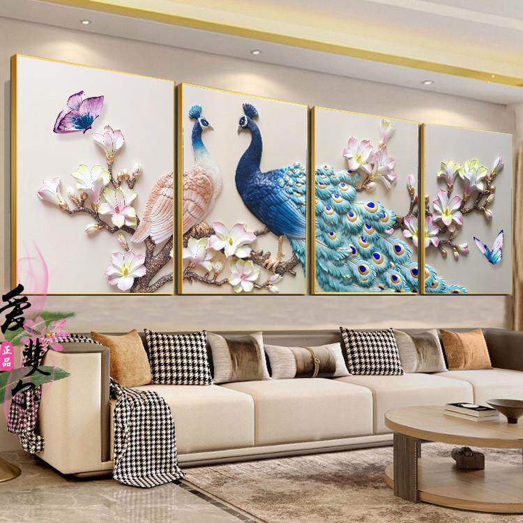 中式客厅装饰画富贵孔雀壁画沙发背景墙画山水风景画四联麋鹿挂画