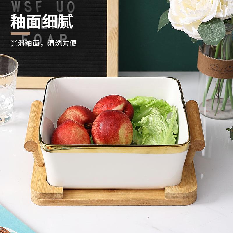创意陶瓷果盘方碗甜品碗木架北欧大理石纹水果沙拉碗方形陶瓷餐具