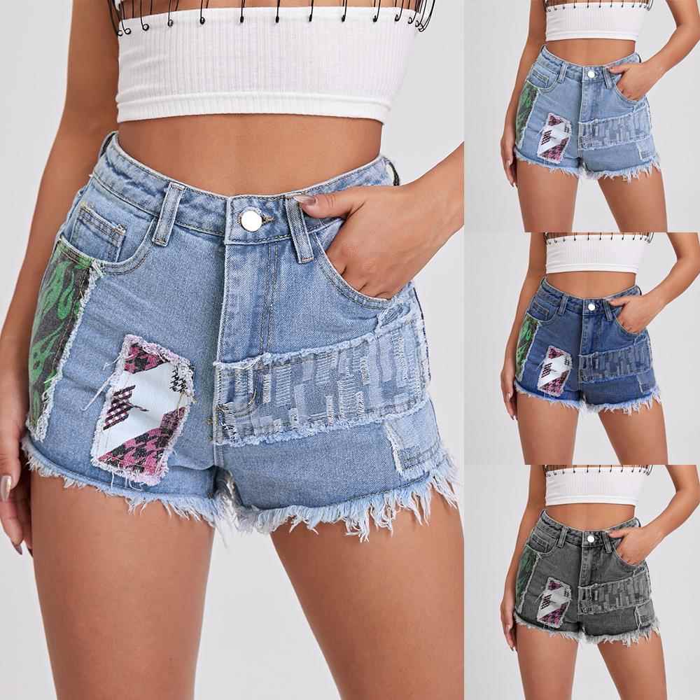 Temperament Heavy-duty Patched Jeans Shorts Mid-rise Womens