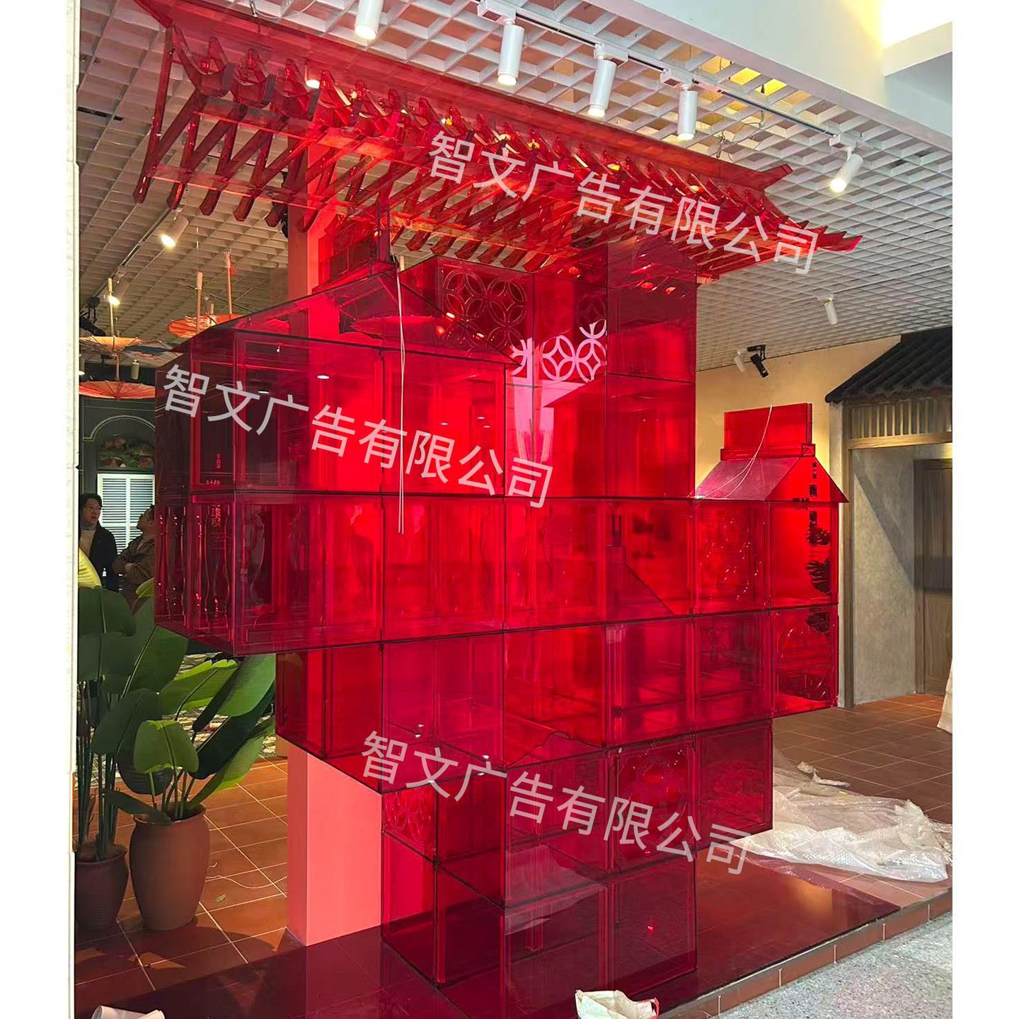 亚克力新中式屋檐仿古建筑红色凉亭门头装饰空中飞檐楼阁吊饰定制