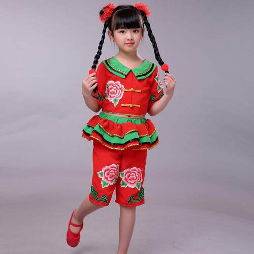 新款儿童小辫子甩三甩演出服民族秧歌表演服小荷风采舞蹈服中国娃