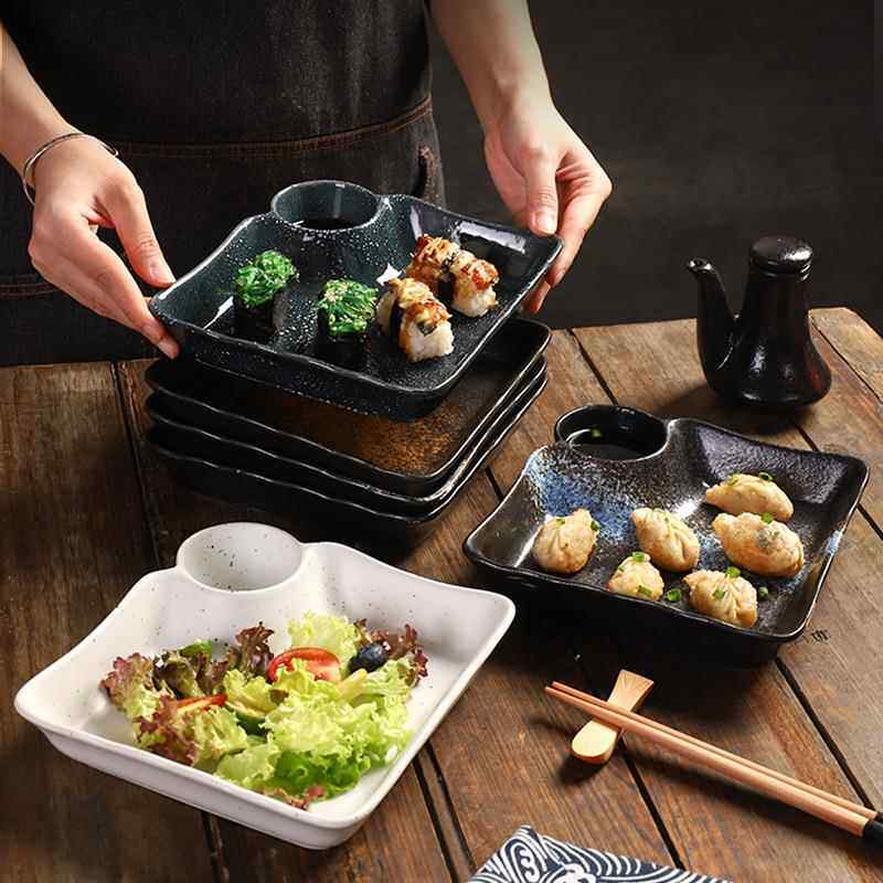 跨境饺子盘日式陶瓷家用带醋碟分格餐盘创意酒店餐厅方形水饺盘子