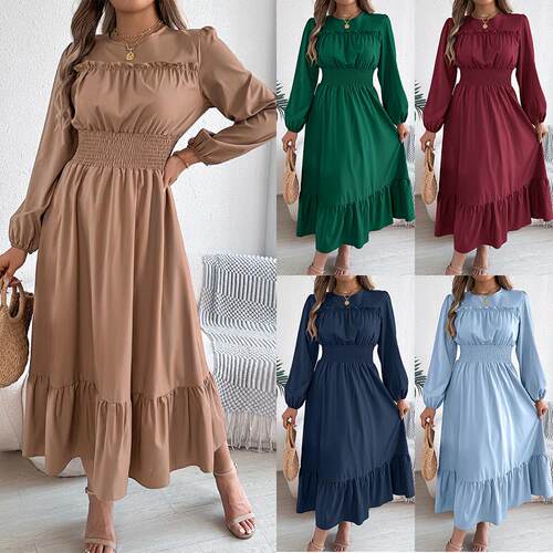 Elegant Round Neck Long Sleeve Dress  Casual Wooden Trim