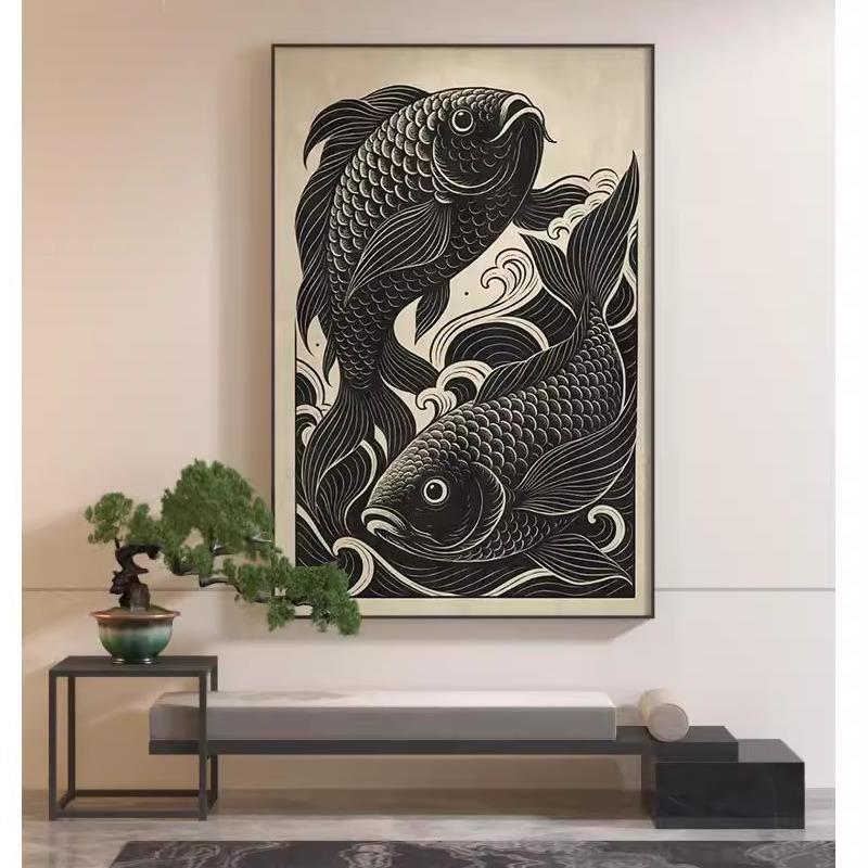 新中式复古中国风鲤鱼黑色高档客厅卧室装饰画玄关背景墙壁画挂画图片