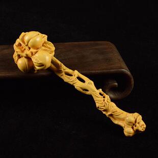 黄杨木雕桃子如意实木家居办公书房装 饰品事事如意玄关工艺品摆件
