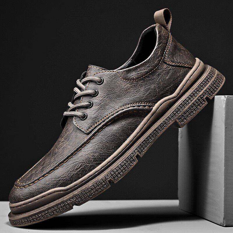 2025男鞋秋季商务休闲皮鞋低帮系带牛皮复古擦色真皮马丁靴男靴子