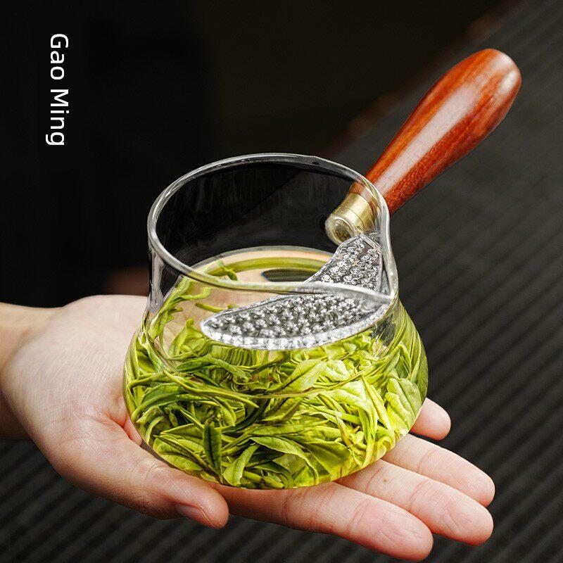 月牙侧把公道杯玻璃茶滤网一体2025新款木柄高档泡绿茶水自带茶漏
