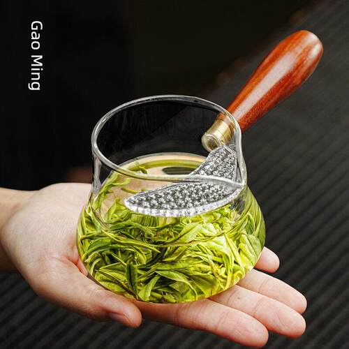 月牙侧把公道杯玻璃茶滤网一体2025新款木柄高档泡绿茶水自带茶漏