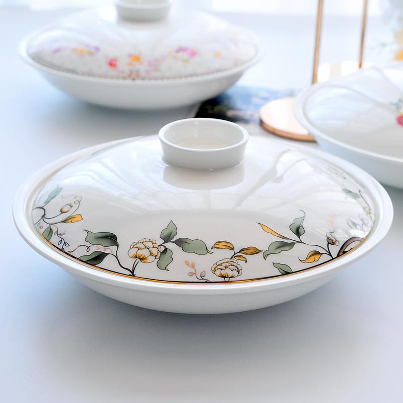 汇格带盖汤盘菜盘深盘饭盘陶瓷家用加深骨瓷餐盘合和器保鲜盖