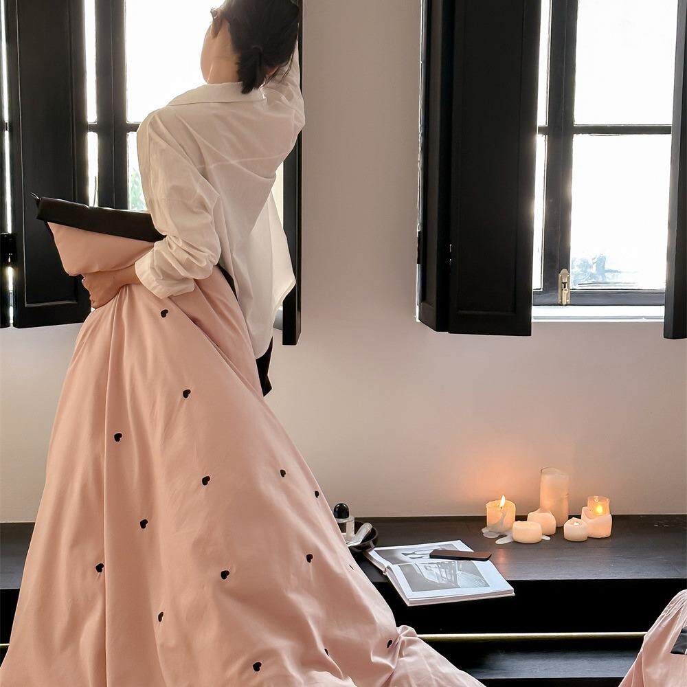 复古爱心绣花全棉磨毛四件套纯棉简约撞色拼边亲肤被套床单