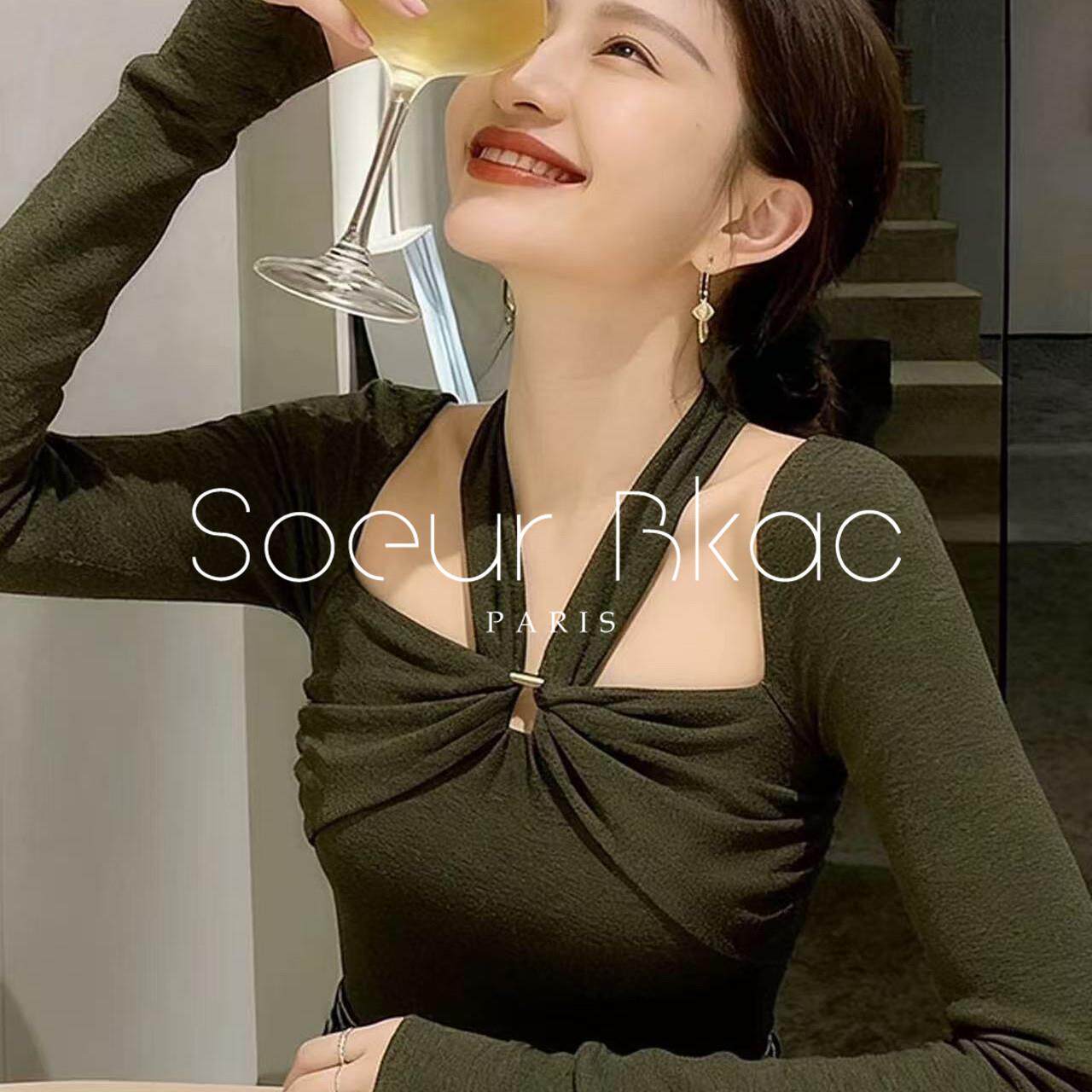 法国SOEUR BKAC春季法式苔藓绿挂脖方领长袖t恤女修身显瘦打底衫