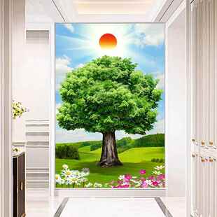 阳光普照一棵树风景画草原草坪意境图客厅书房玄关护眼挂画风水画