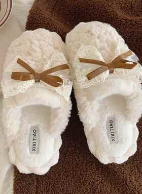 保细细 情棉侣拖鞋条秋冬季男女士时尚家居暖D2330lsx韩版蝴蝶结