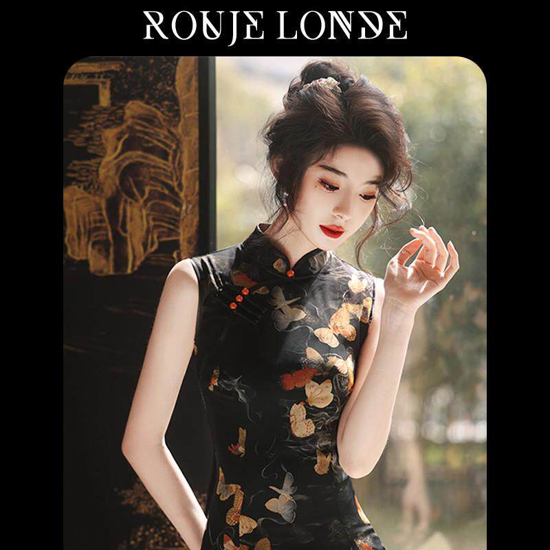 ROUJE LONDE新中式改良黑色旗袍女2024春秋复古无袖民国风连衣裙