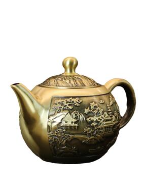 纯黄铜茶壶龙凤壶仿古拉丝钱壶家居装饰集合工艺品摆件