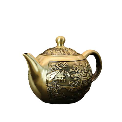 纯黄铜茶壶龙凤壶仿古拉丝钱壶家居装饰集合工艺品摆件