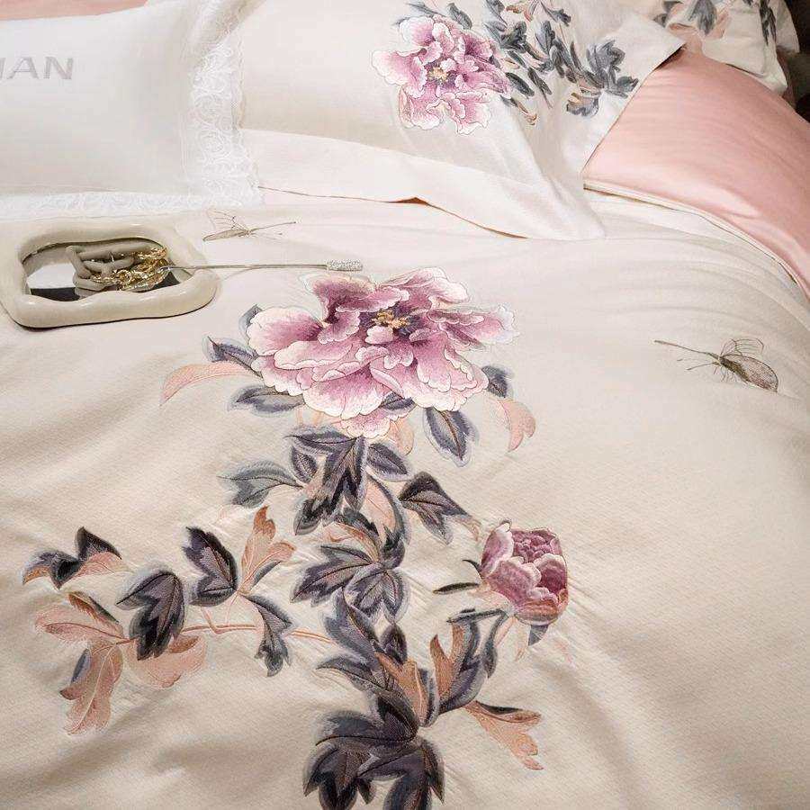 亦莱莎家纺国风埃及棉高定四件套色织金丝线厚织床上用品牡丹刺绣