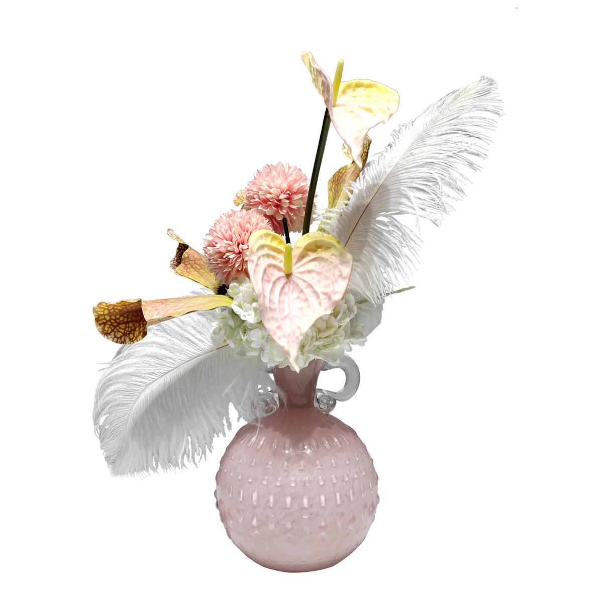 现代轻奢玻璃花瓶插花样板间粉红仿真花艺女孩儿童房干花装饰摆设
