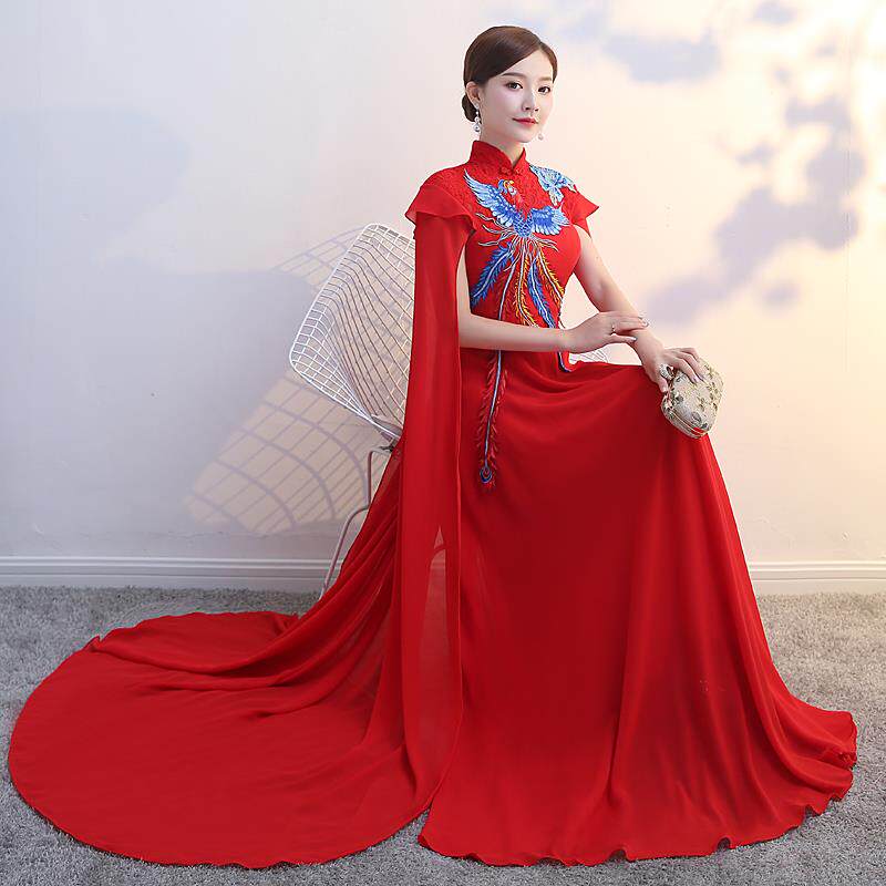 高档新款改长版中国风洋装优雅演大披风良走秀出旗袍演服舞台表服