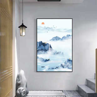 新中式 禅意客厅山水挂画中国风书房茶室水墨壁画 玄关装 饰墙画竖版