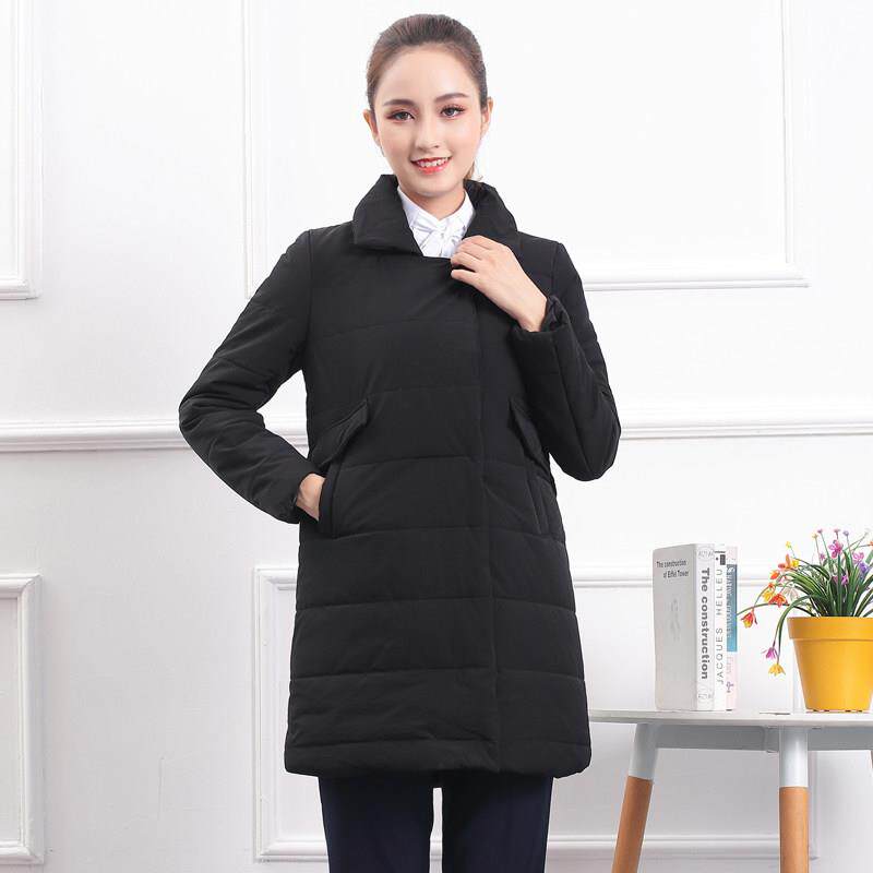 中国移动工作服女冬装羽绒服公司营业厅黑色棉服棉袄大衣加厚制服