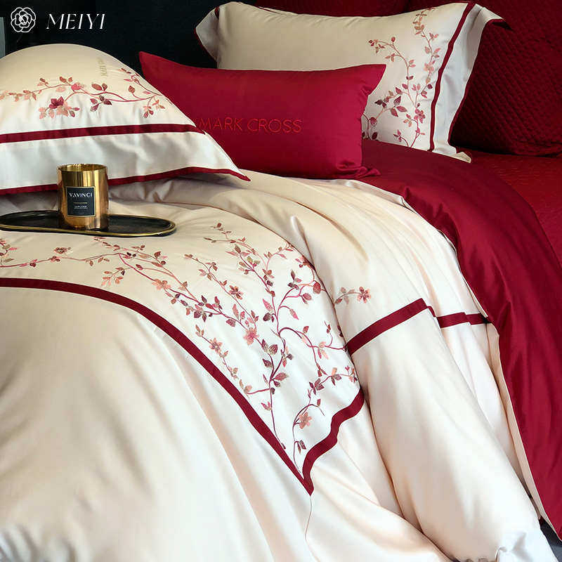 红色中式婚庆床单四件套100S长绒棉全棉床盖新婚被套婚嫁床上用品,床上用品,婚庆床品套件,淘宝优惠券,粉丝福利购,淘宝优惠卷