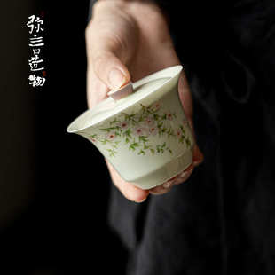 弥言白瓷手绘蔷薇盖碗纯手工陶瓷薄胎泡茶碗茶杯家用不烫手泡茶碗