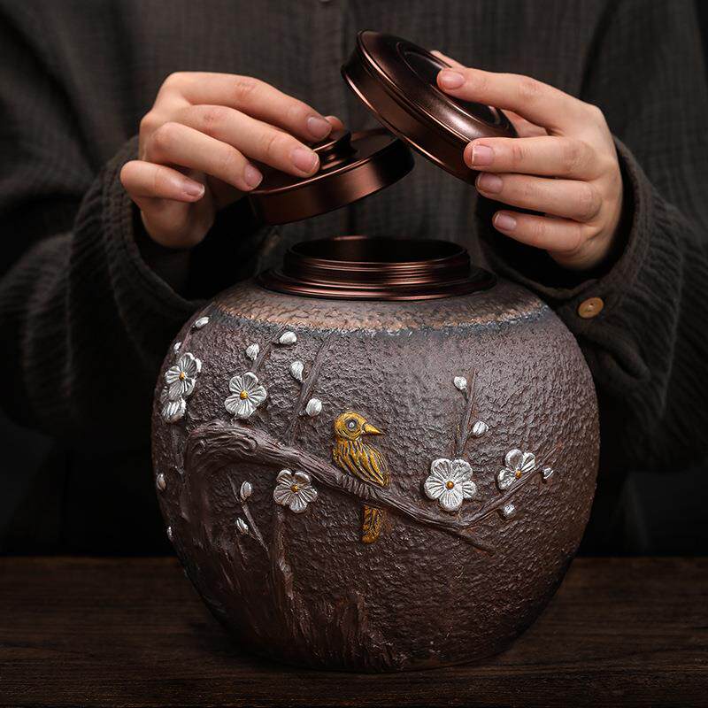大号金釉陶瓷鎏茶叶罐铁日式手工复古粗陶茶仓双层密2封罐BHXC202