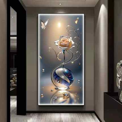 入户玄关装饰轻奢玫瑰高档竖版壁画现代走廊过道镶钻LED灯光挂画