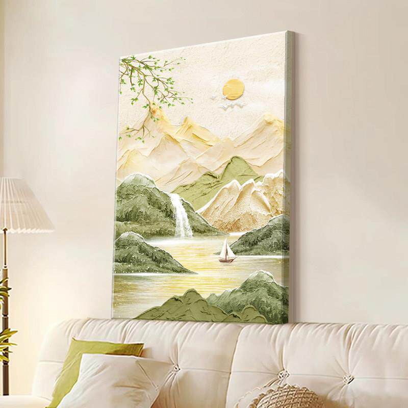 流水生财客厅挂画简约现代沙发背景墙装饰画肌理感日照金山落地画