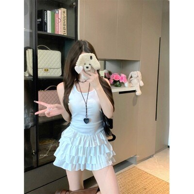 MR【好品质】简约气质白色无袖连衣裙女夏甜美风方领收腰蛋糕裙短