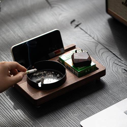 胡桃多功能烟灰缸家用厅MHZ中式创意摆件潮个性木流香插茶台小配